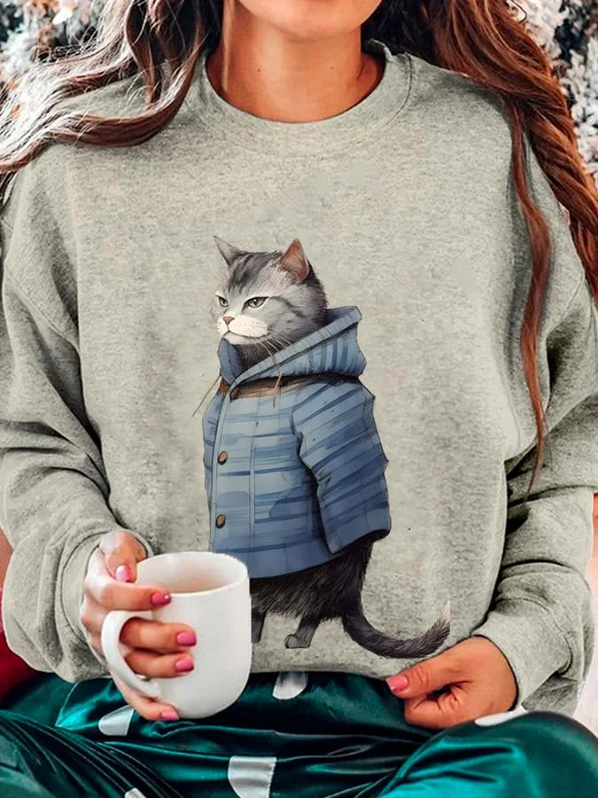 🔥Buy 3 Get 10% Off🔥Women'S Winter Art Cat Print Crew Neck Casual Sweatshirt
