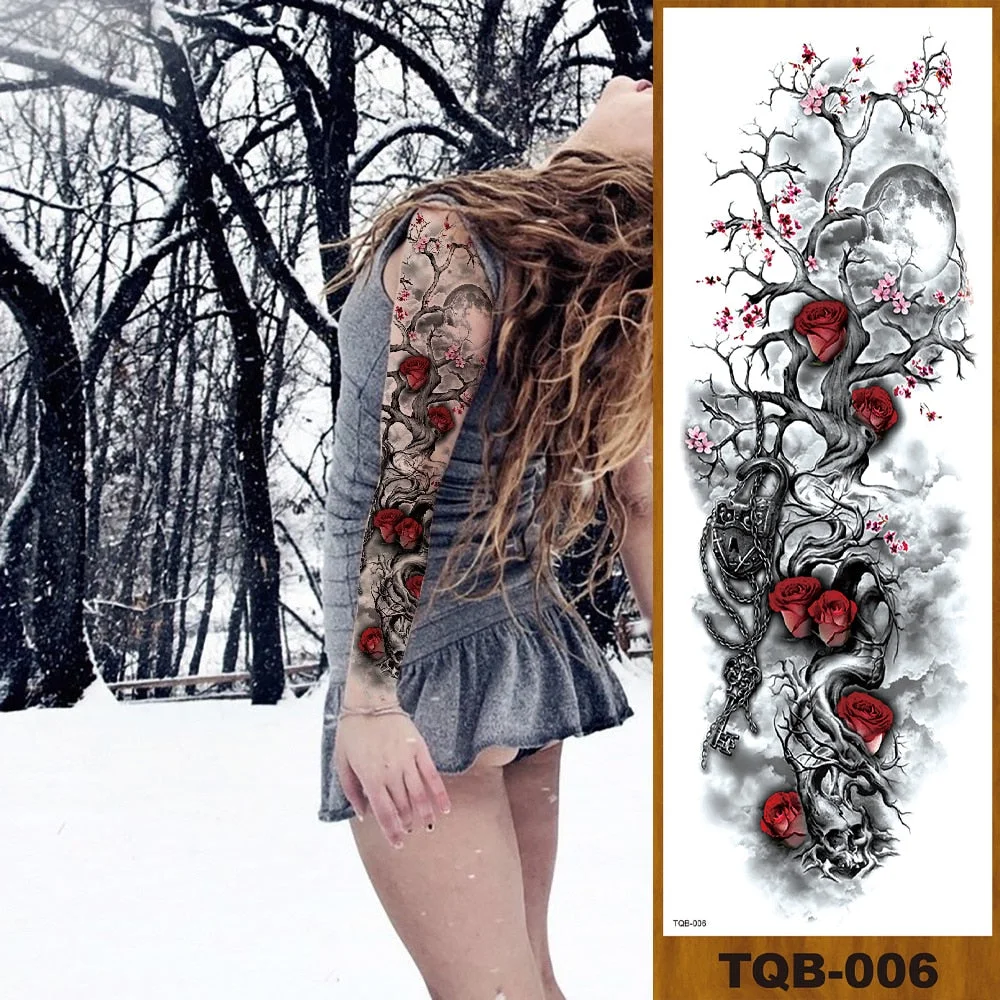 Full Arm Temporary Tattoo Sticker Man Woman Girls Body Leg Fake Tatoo Lotus Peony Rose Magnolia Flowers Totem Makeup Waterproof