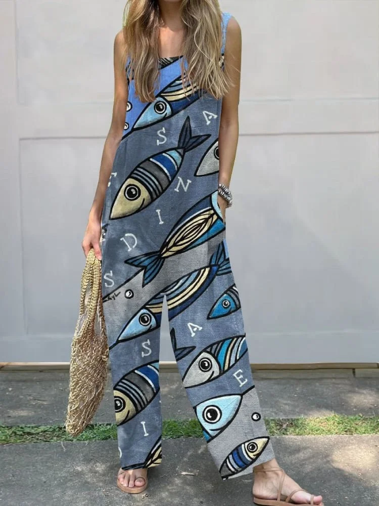 Women's  Retro Fish  Art  Print Casual 100% Cotton Wide Leg Jumpsuit