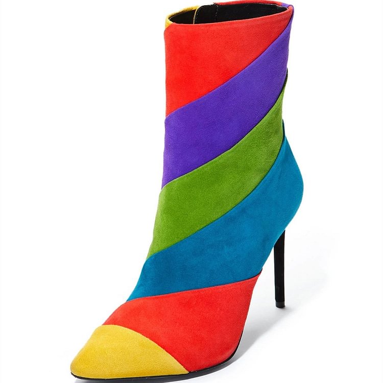 Multi-Color Suede Stiletto Boots Pointy Toe Ankle Booties |FSJ Shoes