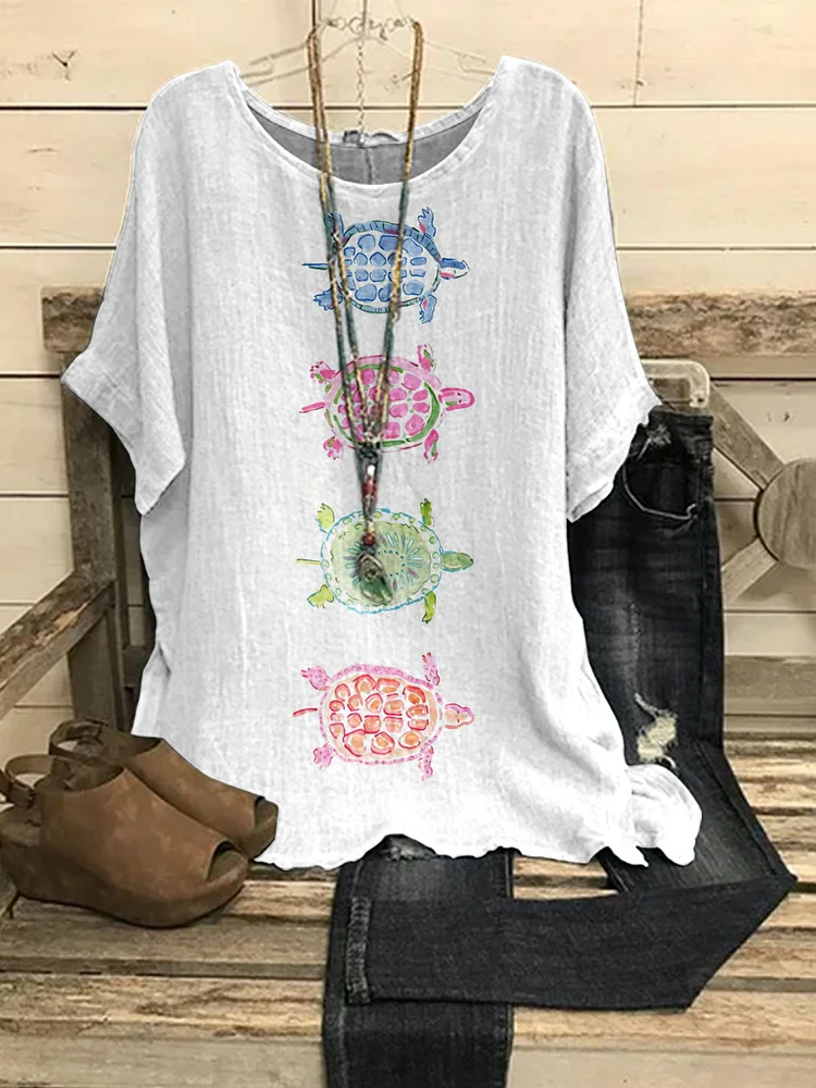 Women's Four Turtles Cotton And Linen Short Sleeve Top
