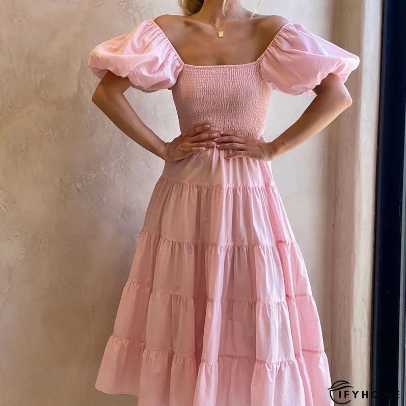 Summer Women's Fashion Loose Off Shoulder Puff Sleeve A-Line Midi Dress | IFYHOME