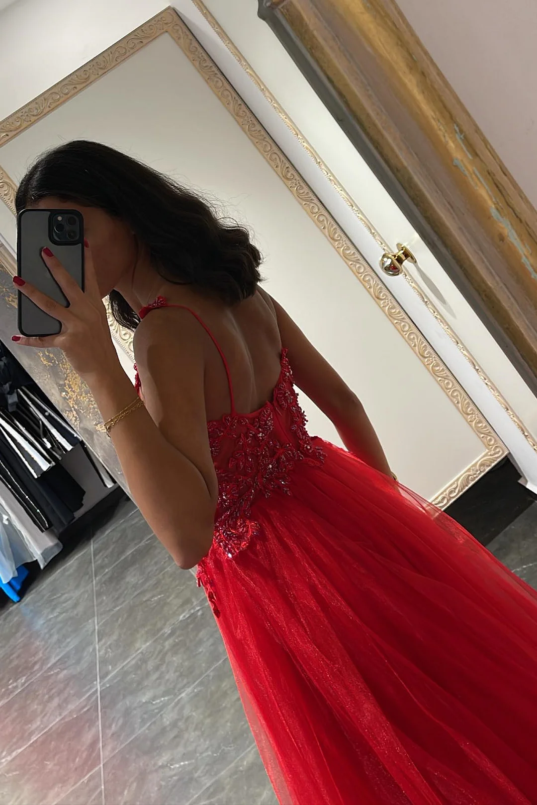 Daisda Mermaid Appliques Prom Dress With Beadings Spaghetti-Straps Elegant