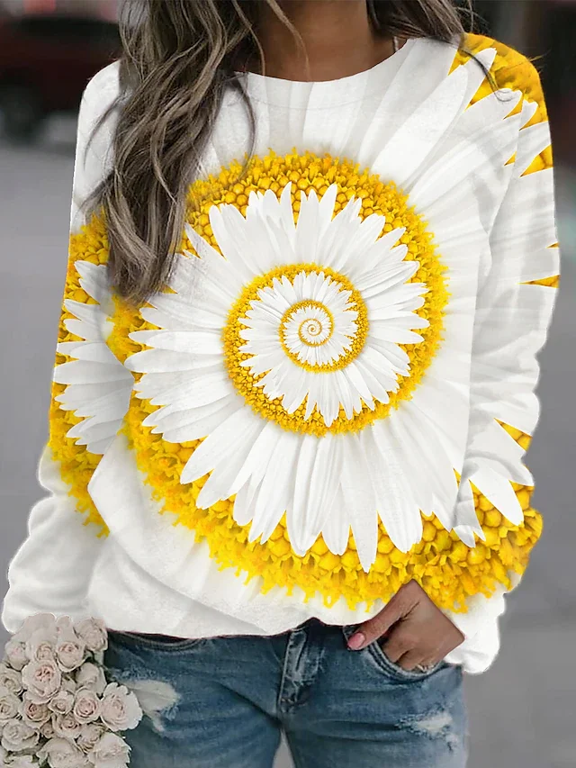 Casual Long Sleeve Crew Neck Chrysanthemum Loose Sweatshirt