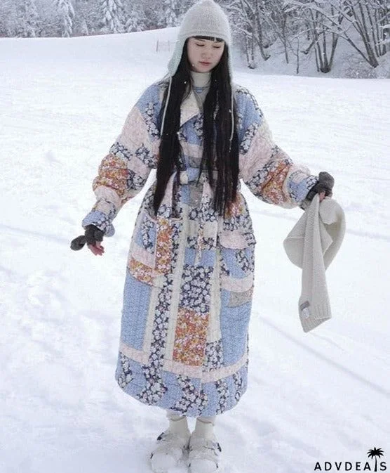 Sustain Print Quilting Floral Cotton Coat For Woman Elegant Belt