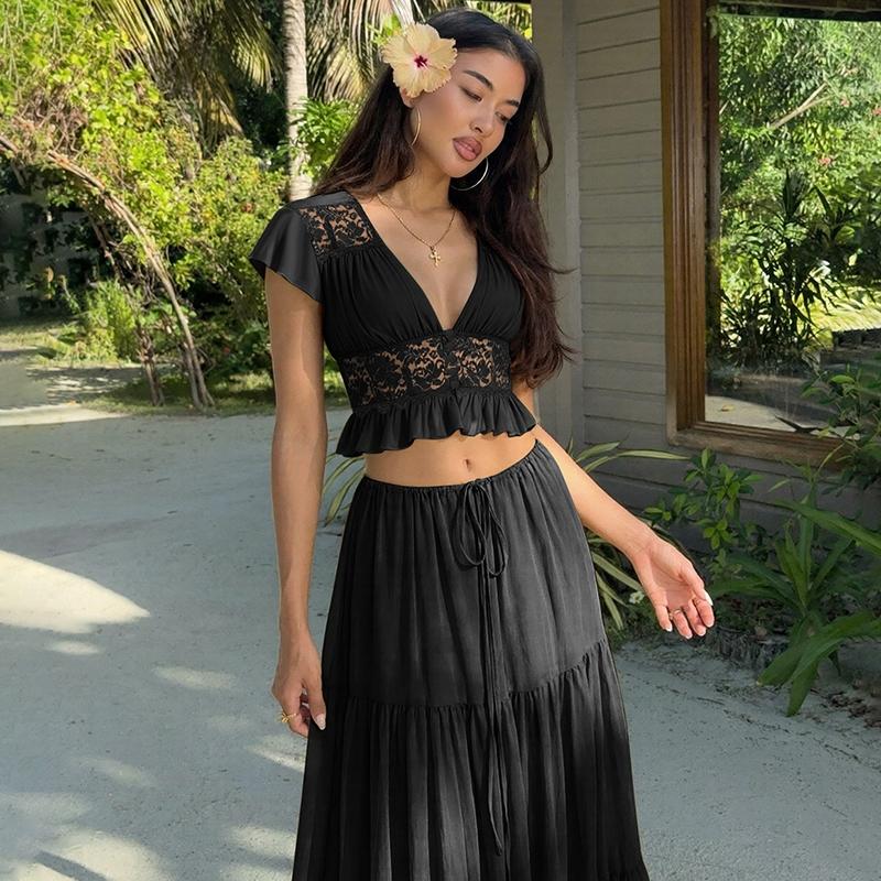Women Summer Short Sleeve V Neck Tops Long Skirt Beach Vacation Chiffon Two Piece Set Outfit Women Summer Short Sleeve V Neck Tops Long Skirt Beach Vacation Chiffon Two Piece Set Outfit