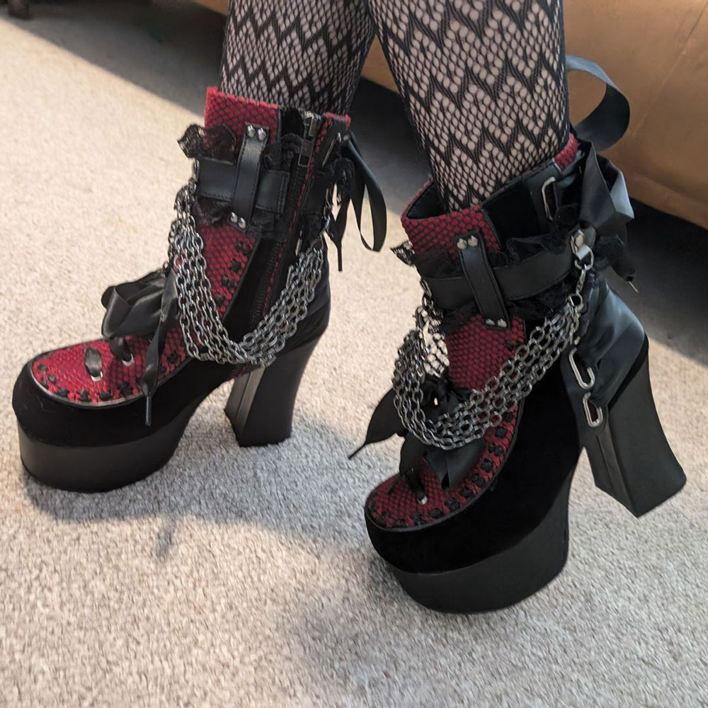 Black & Red Mesh Lace-Up Ruffled Strap Chain Platform Ankle Boots Nicepairs