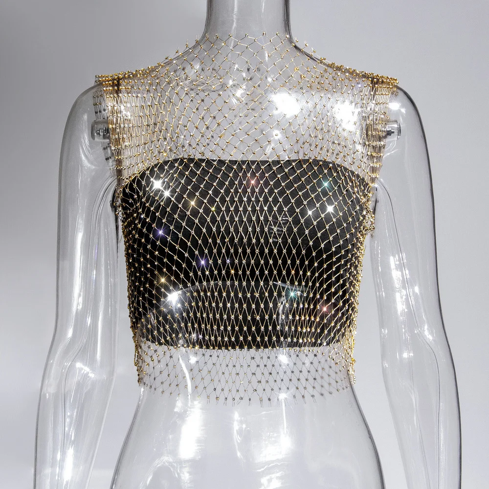 Uveng Uveng Nightclub Dresses Fishnet Hollow Out Rhinestone Vest Mesh Flash Diamond Sling Top Female