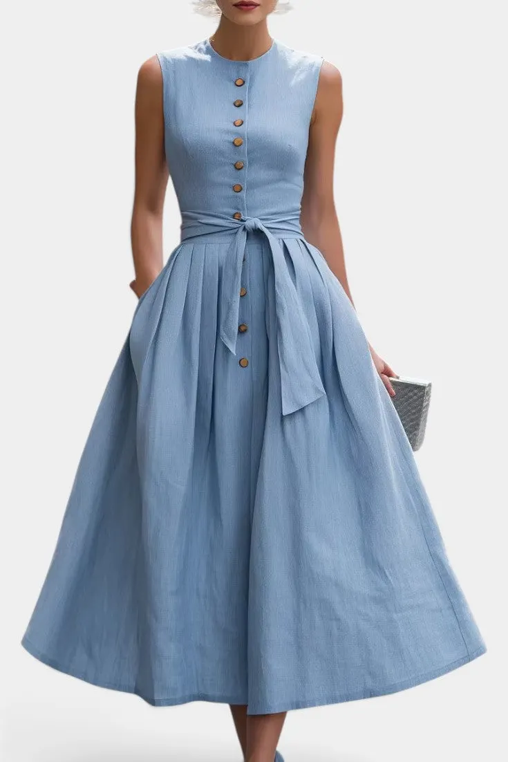 Vintage-Inspired Button-Front Midi Dress with Belted Pleated Skirt