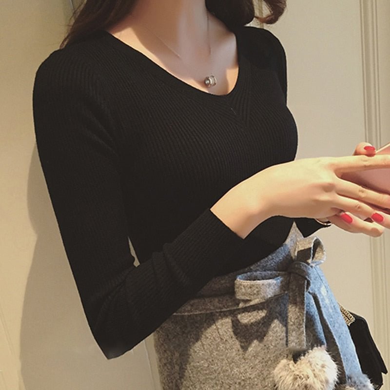Women Office Lady Slim Knitted Swater Long Sleeve Sexy Deep V neck Solid High Street Casual Pullover 2021 Autumn Fashion Tops