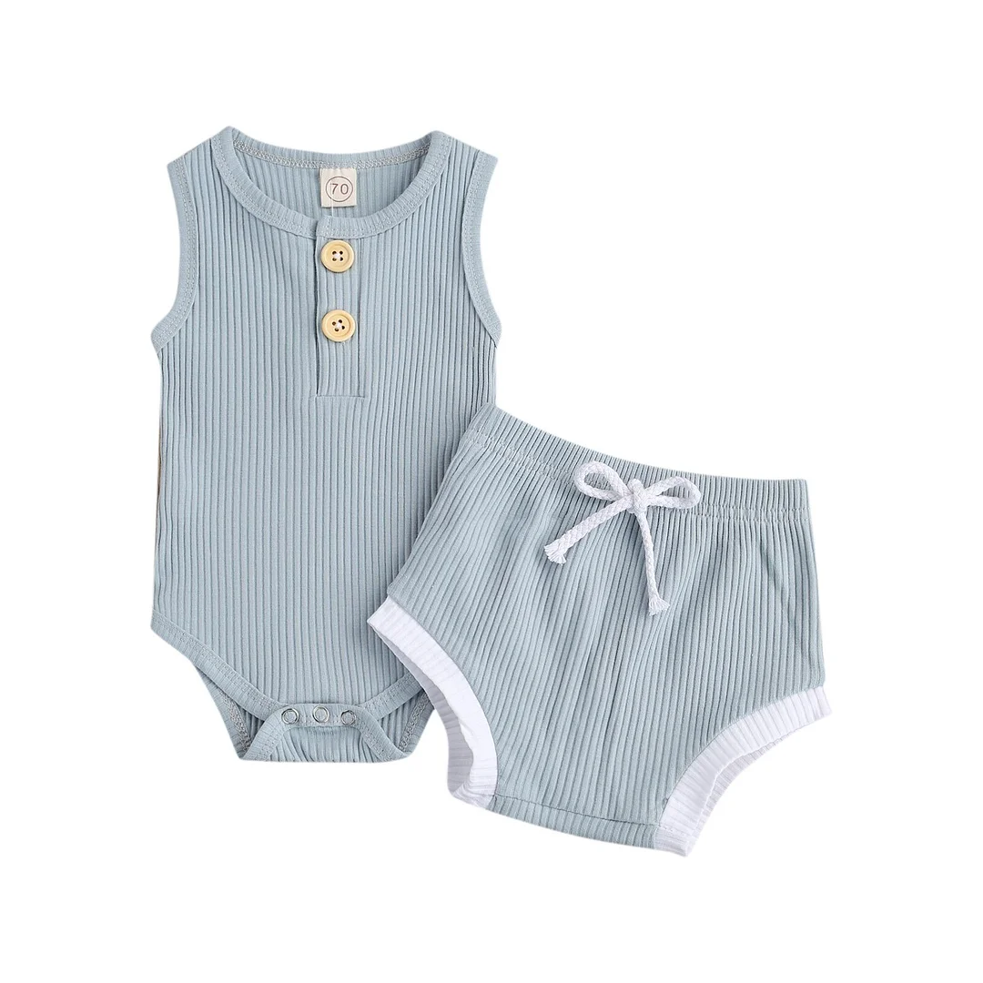 Summer Infant Solid Baby Girl Boy Ribbed Romper Suit, Sleeveless Buttoned Round Neck Romper Elastic Head Shorts 2Pcs Outfit