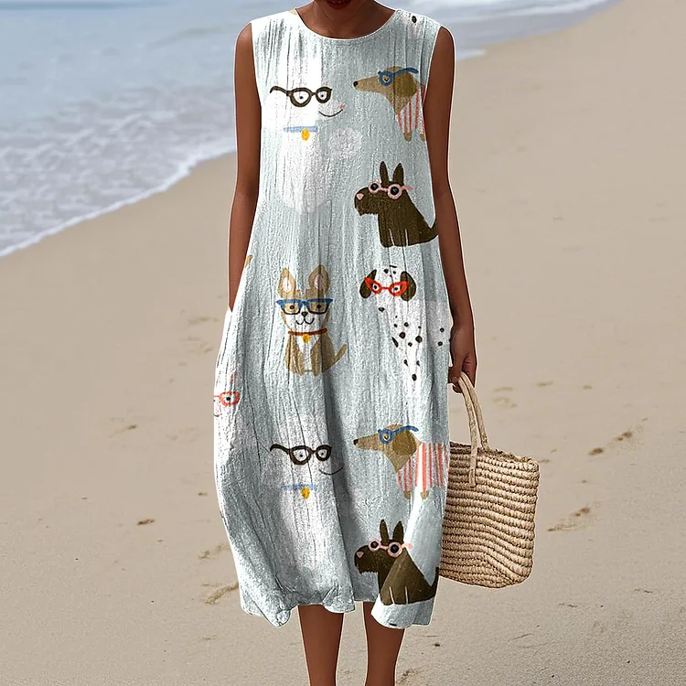 Simpfit Ärmelloses Kleid mit Retro-Motiv „Süße Hunde“ im Kunstdruck für Damen