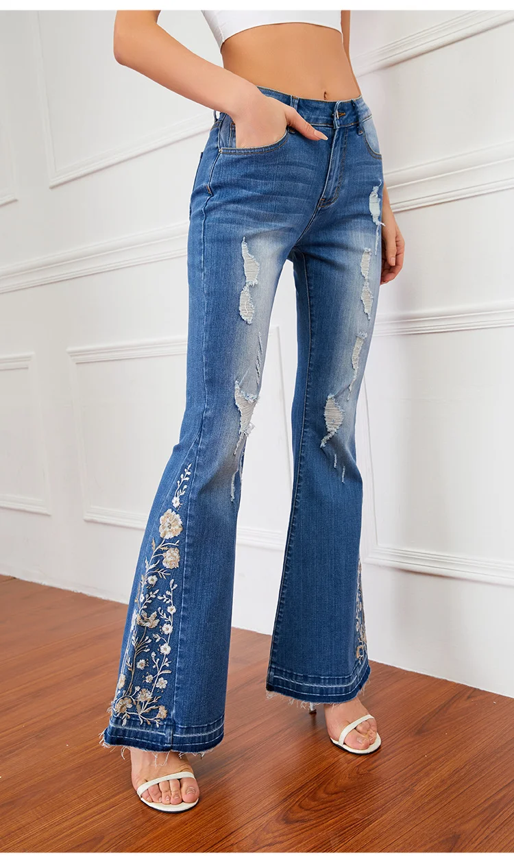 Women's Embroidery Floral Flared Jeans 3D Floral Western Denim Jeans