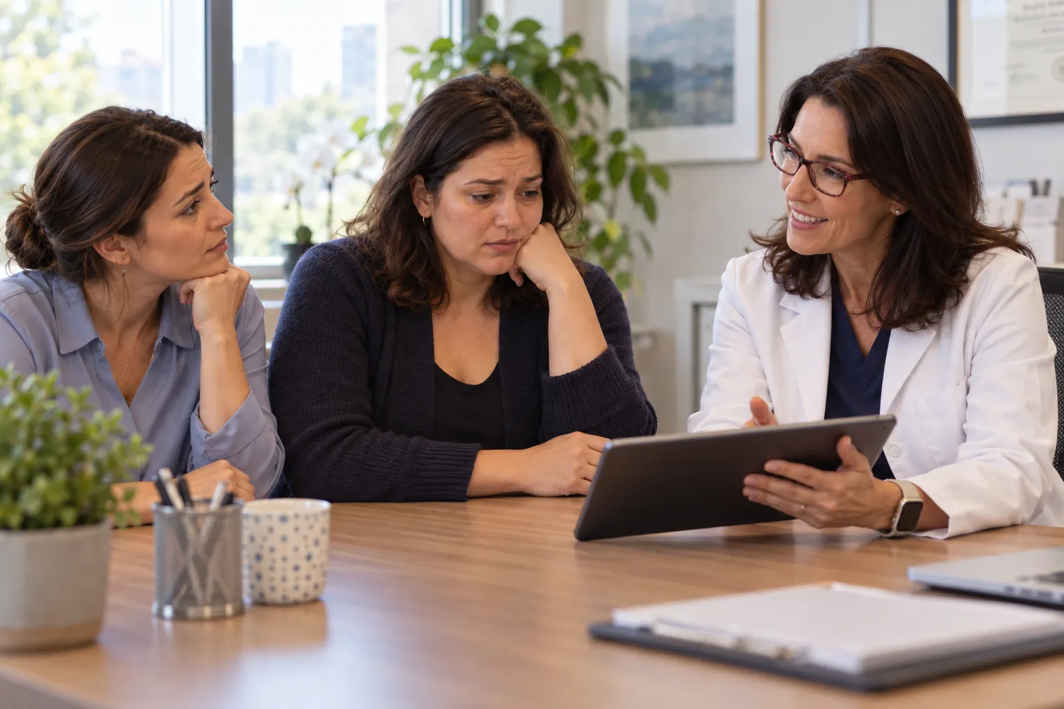 Doctor explaining fluid balance to a woman in a consultation