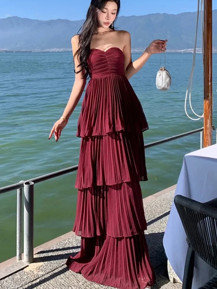 Toloer Red Layered Strapless Midi Dress-Outfit Ideas