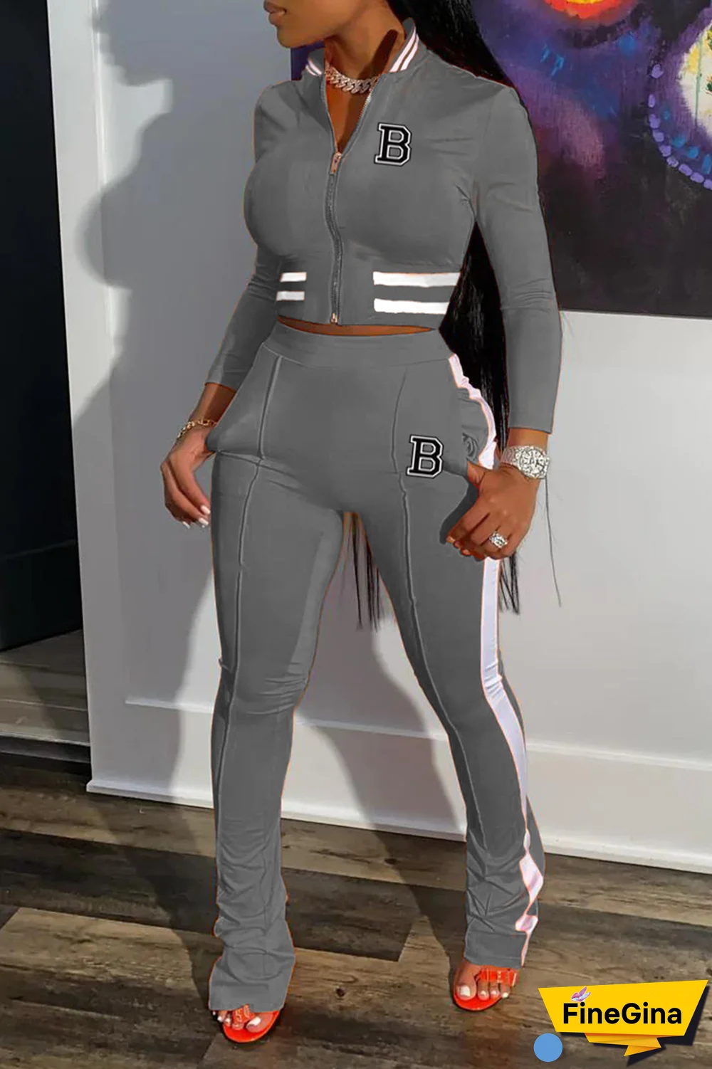 Black Street Print Patchwork Mandarin Collar Long Sleeve Two Pieces