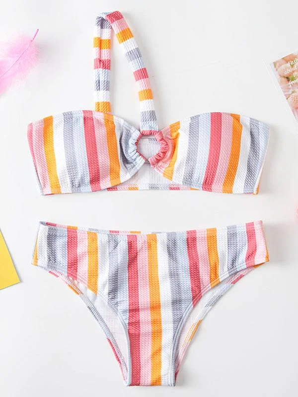 Striped Print One-Shoulder Bandeau Split Bikini Swimsuit