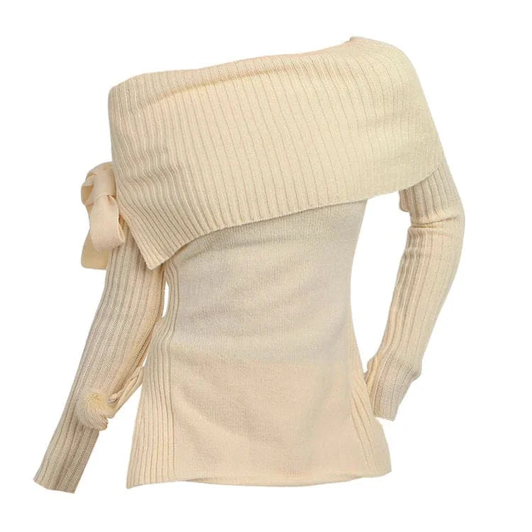 White Bow Knit Shoulder Sweater