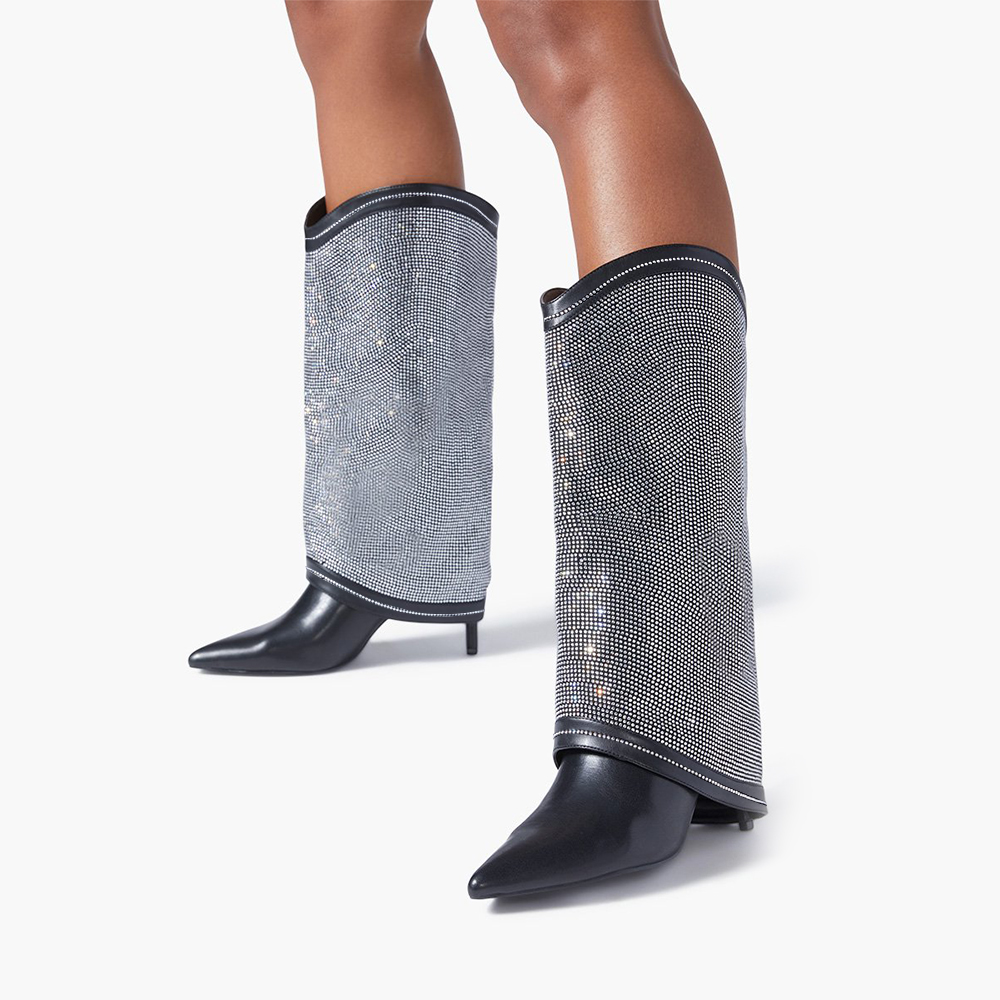 Black Pointed Toe Stiletto Heel Fold Over Boots with Rhinestones Nicepairs