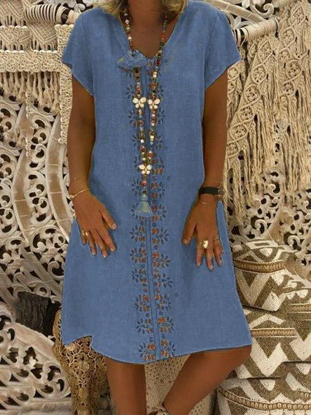 Cotton-Blend V Neck Floral-Print Casual Dresses