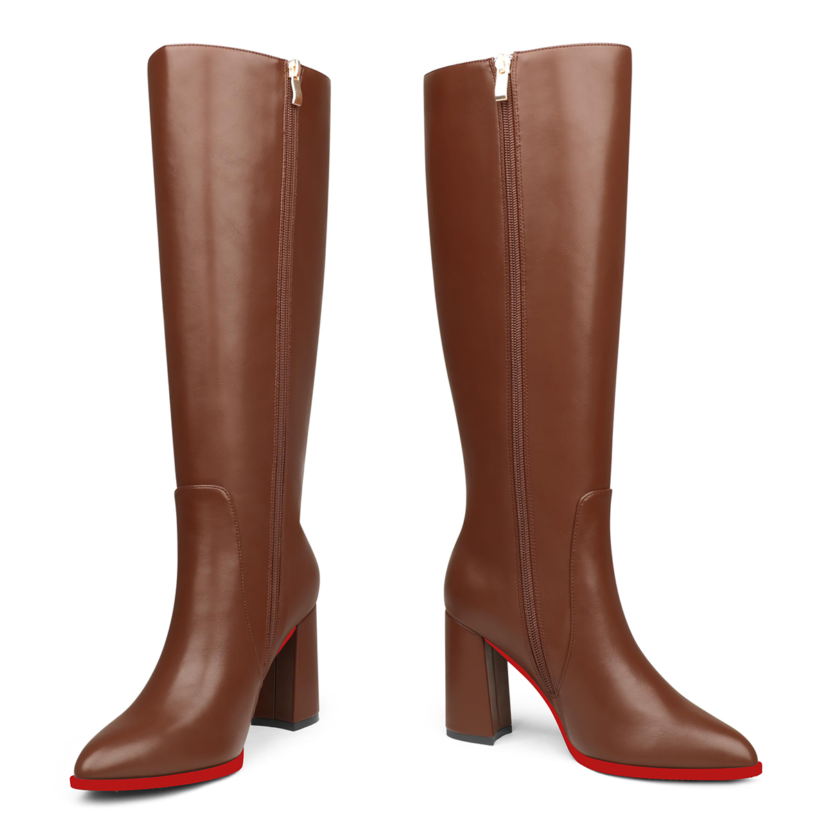 95mm Women's  Knee Boots Leather Red Bottom Chunky High Heels Boots-MERUMOTE