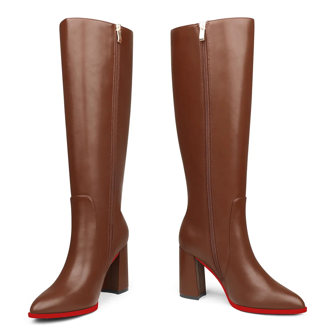 95mm Women's  Knee Boots Leather Red Bottom Chunky High Heels Boots-MERUMOTE