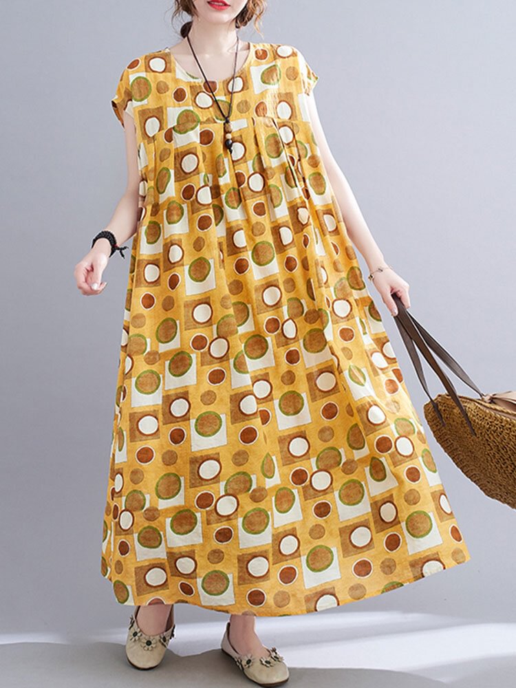 Geometry Print O-neck Pleated Sleeveless Loose Vintage Women Dress