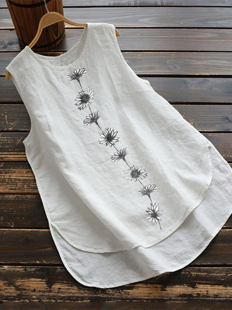 White Sleeveless Floral Shirts & Tops