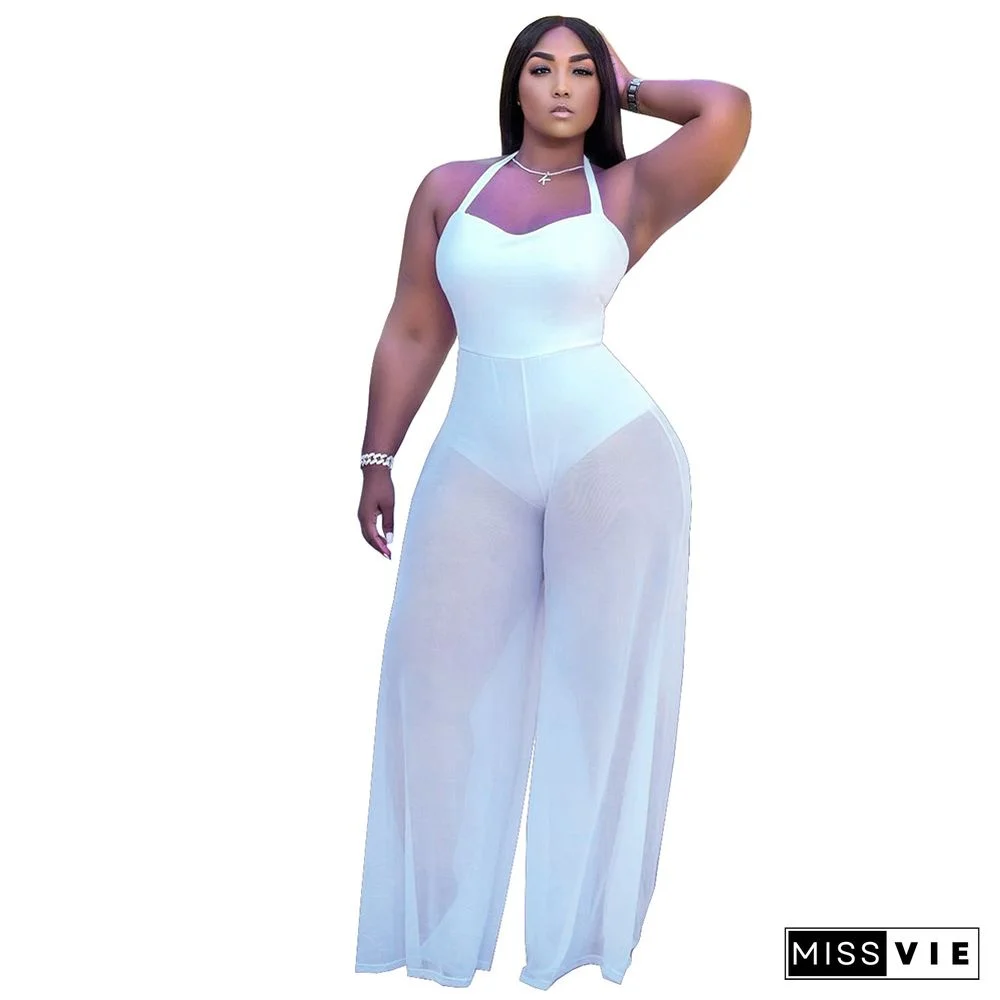 Mesh Sheer Patchwork Halter Neck Backless Jumpsuits