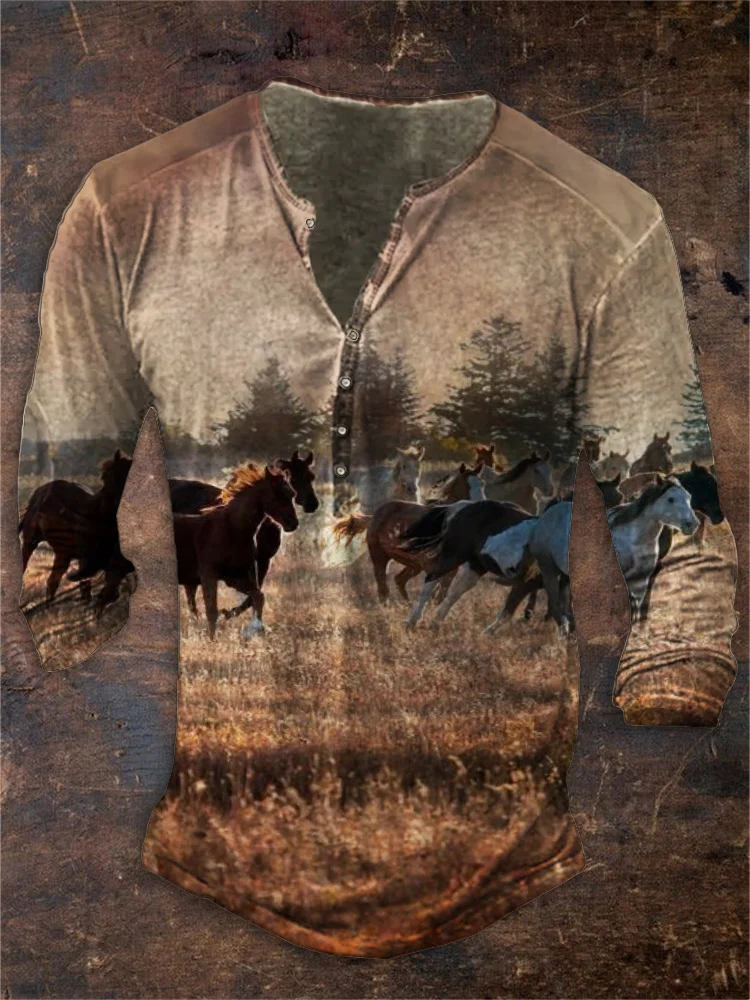 Cowboy Running Horses Button Up T Shirt