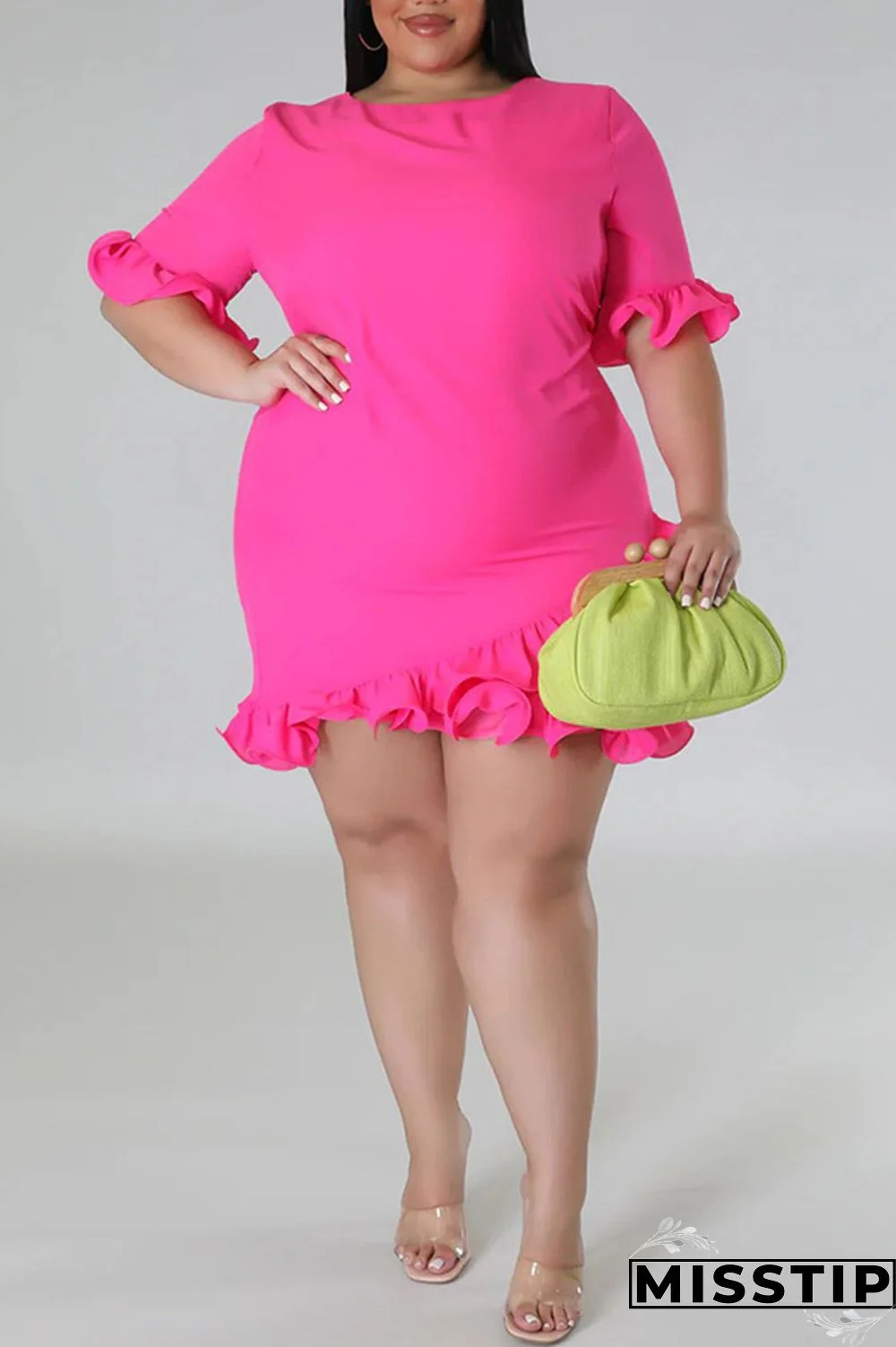 Green Casual Solid Patchwork Asymmetrical Stringy Selvedge O Neck Straight Plus Size Dresses