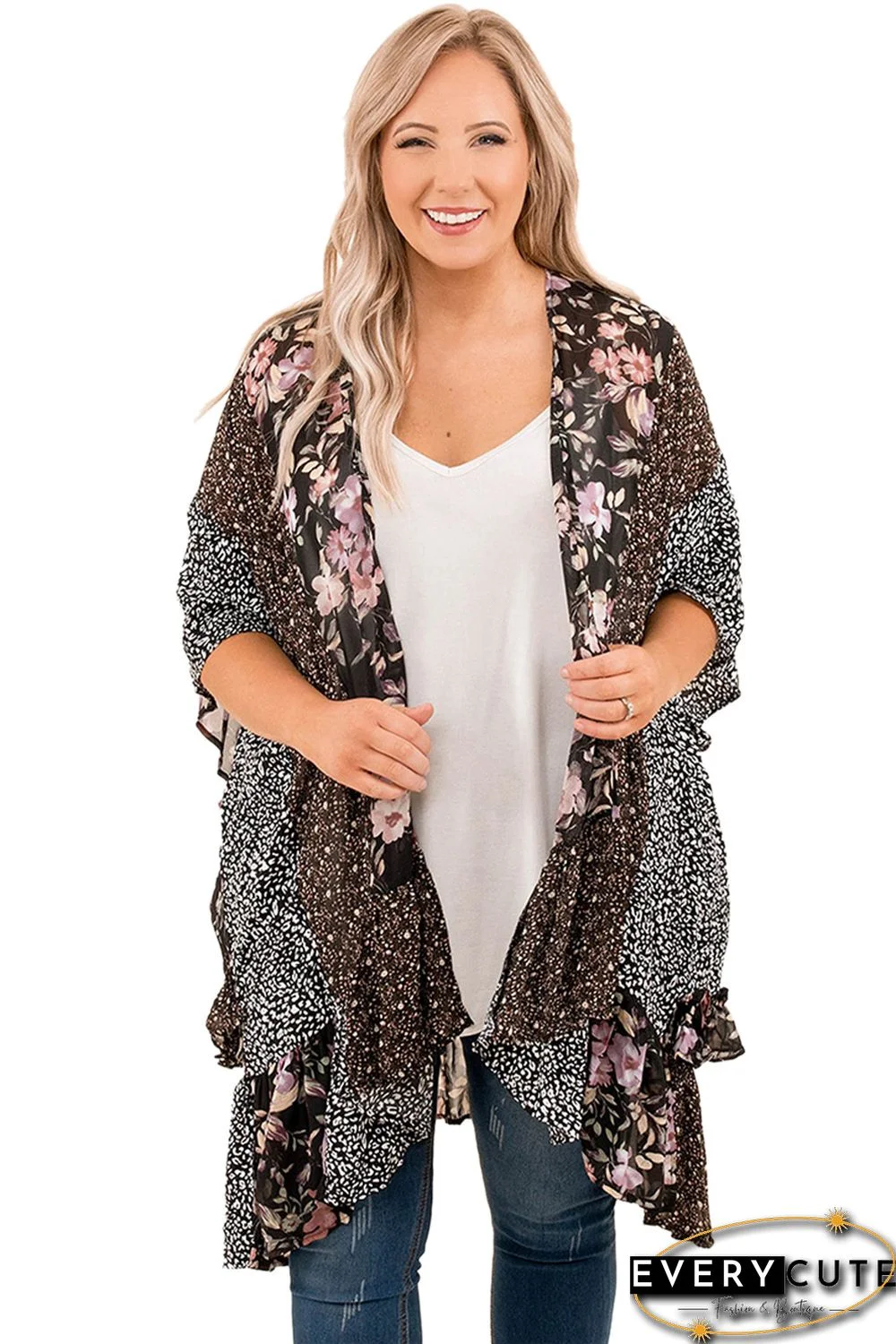 Floral Leopard Polka Dot Plus Size Kimono