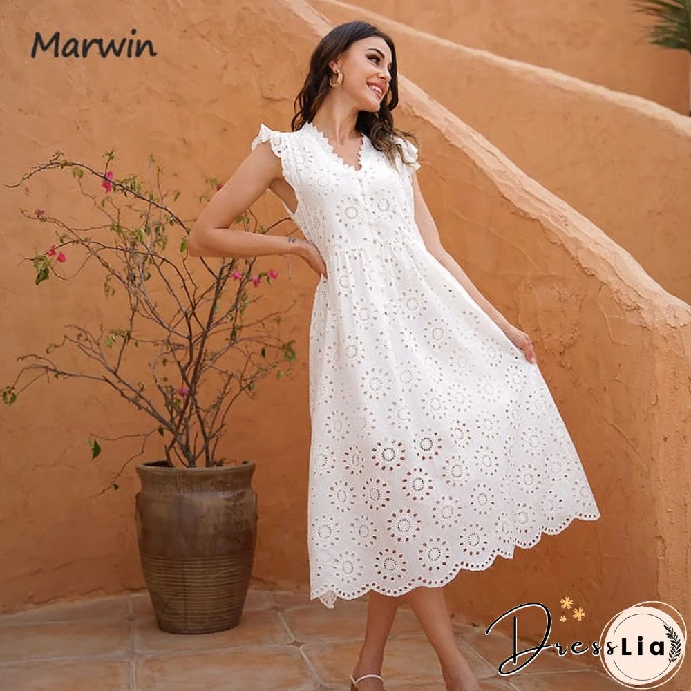 Marwin Long Simple Casual Solid Hollow Out Pure Cotton Holiday Style High Waist Fashion Mid-Calf Summer Dresses NEW Vestidos