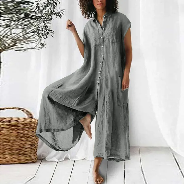 Solid Color Lapel Cotton And Linen Casual Jumpsuit