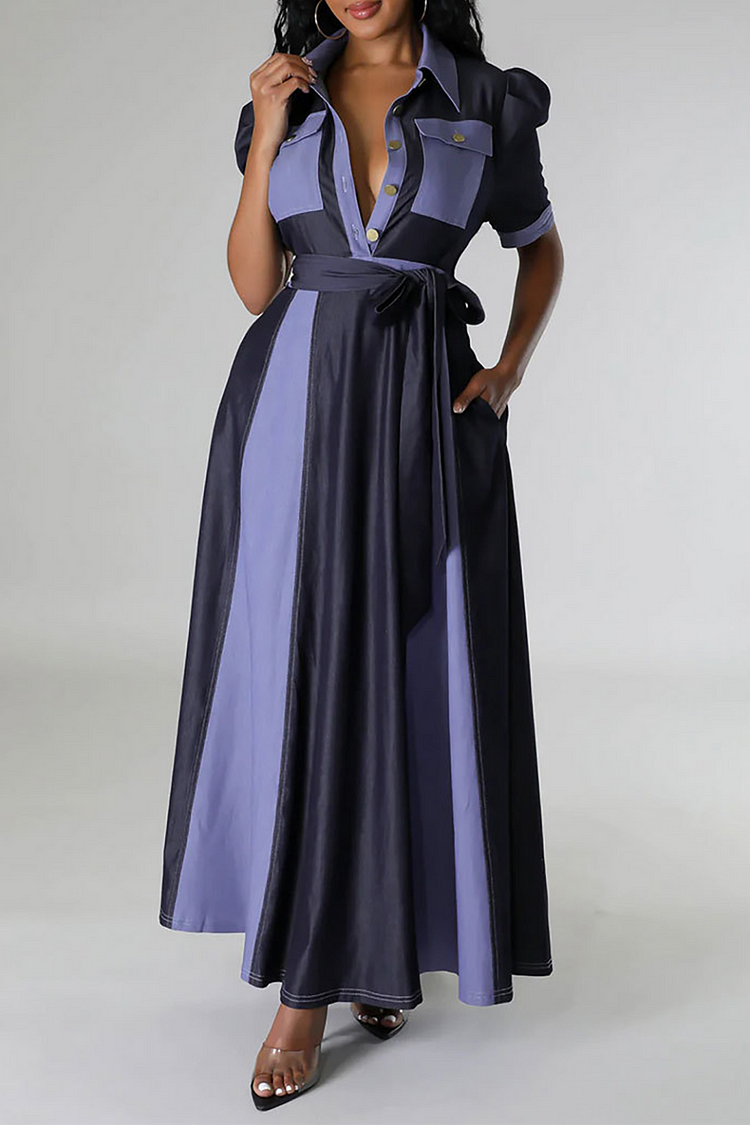 Turndown Collar Short Sleeve Tie Belt Colorblock Maxi Shirt Dresses-Purple