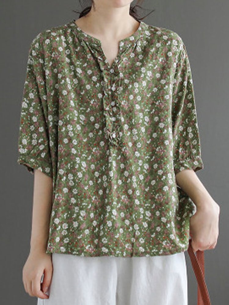 Floral Print Stand Collar Half Sleeve Button Vintage Loose Blouse P1858154