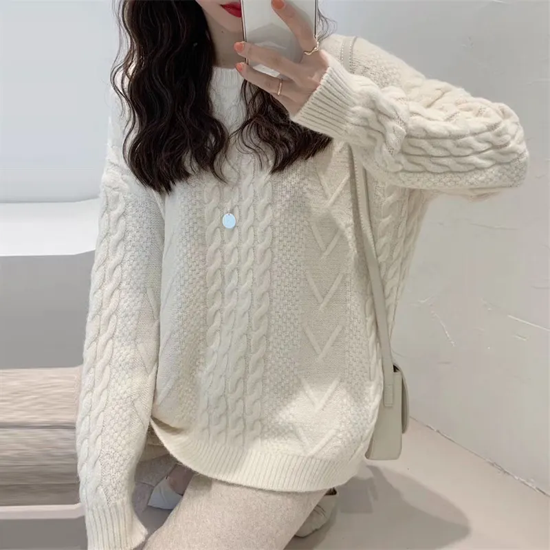 Churchf Churchf Thick Twist Pure Color Loose Sweater Female Autumn Dong New Round Collar Lazy Wind Sweater Jacket