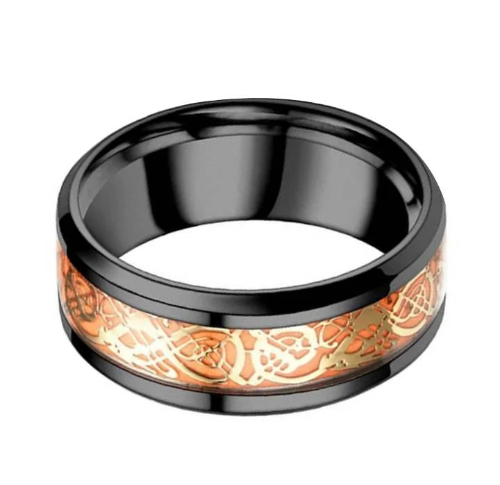 6MM 8MM Black Celtic Tungsten Wedding Orange Resin Inlay Gold Celtic Knot Glowing Carbide Rings For Women or Men