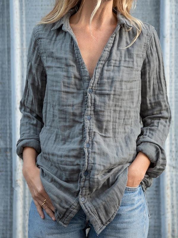 Ladies cotton and linen V-neck button shirt-Mayoulove