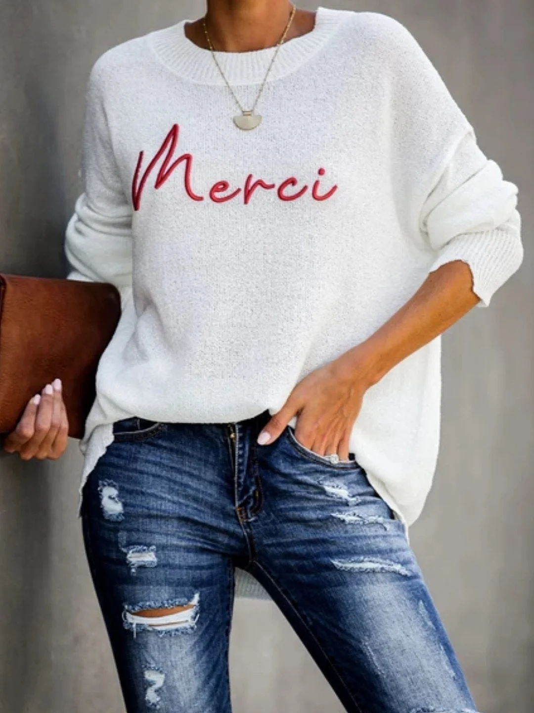 White Knitted Long Sleeve Plus Size Sweater