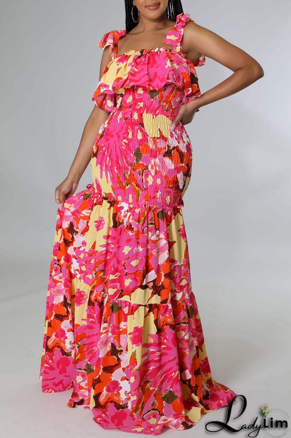 Red Fashion Sexy Print Bandage Backless Spaghetti Strap Long Dress