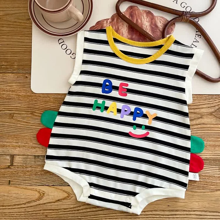 BE HAPPY Baby Smiley Striped Sleeveless Bodysuit