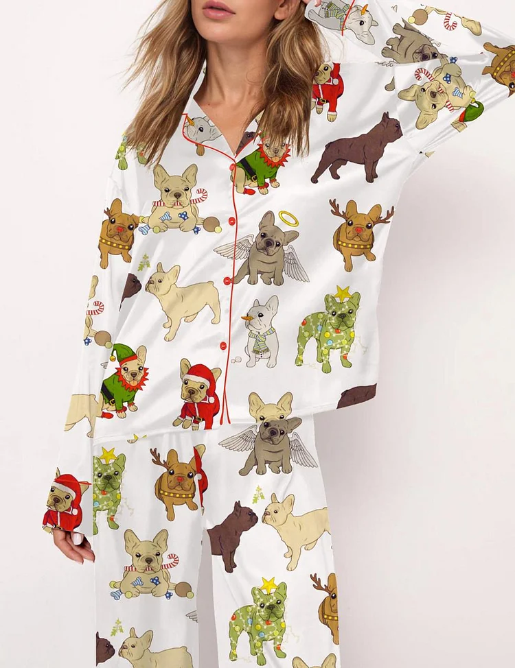 Christmas French Bulldog Satin Pajama Set For Women