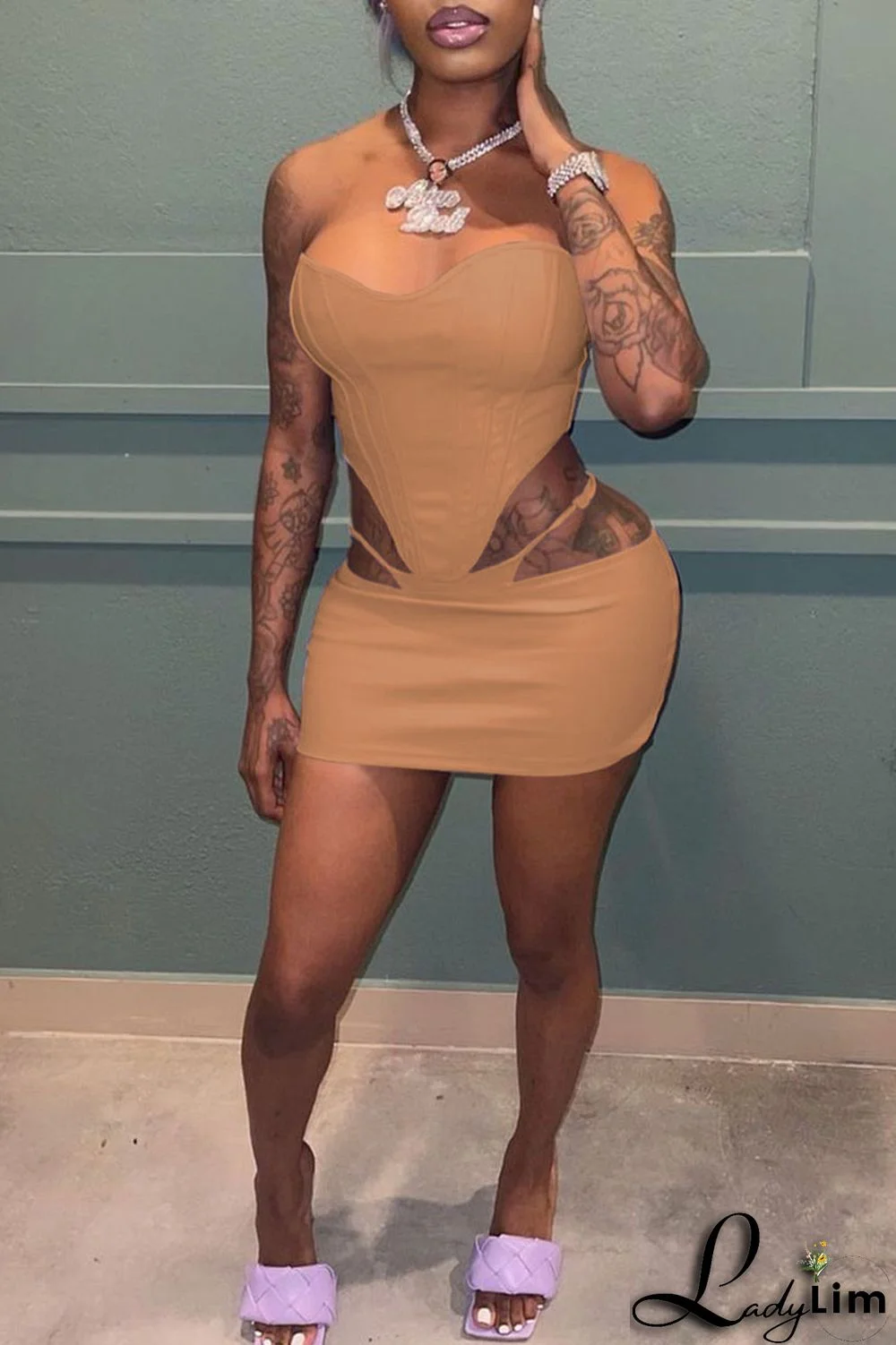 Khaki Sexy Solid Split Joint Asymmetrical Strapless Sleeveless Two Pieces