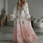 Women's Vintage Pink Floral Embroidery Linen Blend V-neck Dress - Image 2