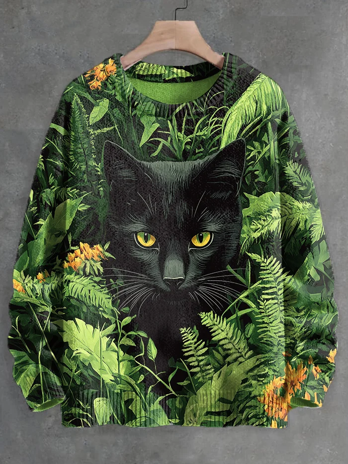Men's Black Cat Jungle Art Print Knit Sweatshirt
