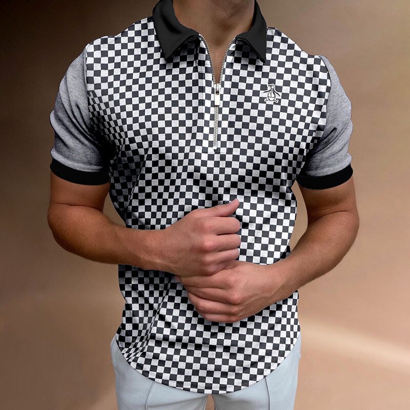 Men's Casual Black And White Plaid Stitching POLO Shirt-Compassnice®