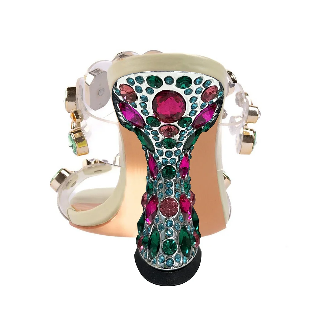 Ivory Vegan Leather Square Toe Colorful Rhinestone Decorative Heels