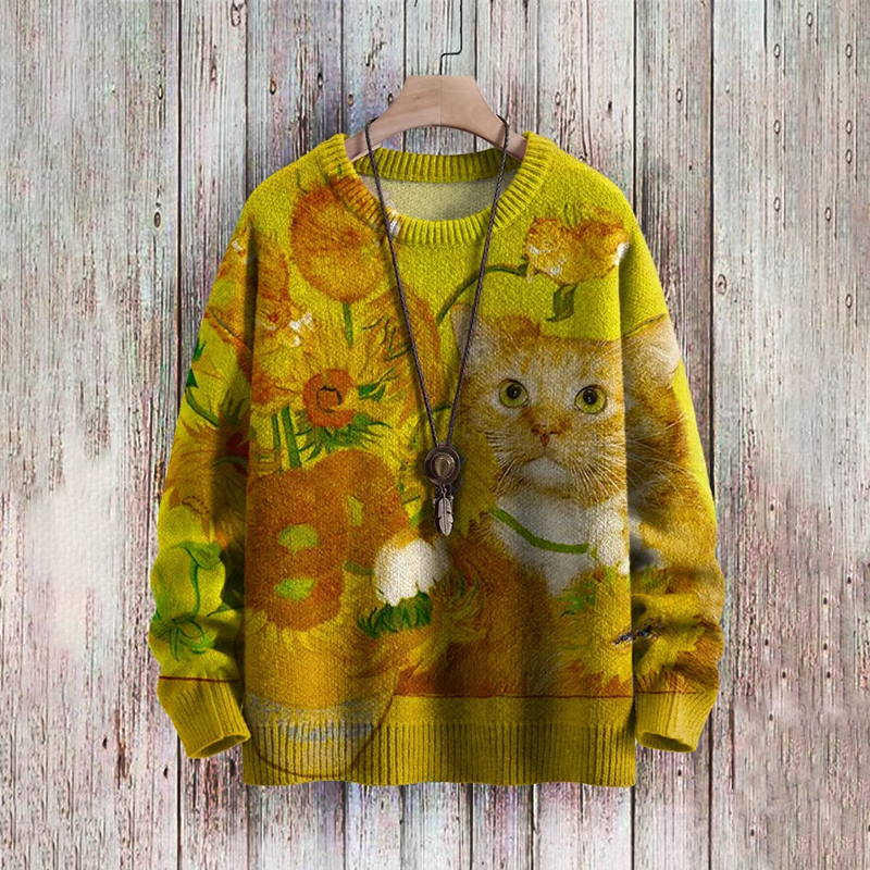 Cat Oil Painting Pattern Set Round Neck Sweater
