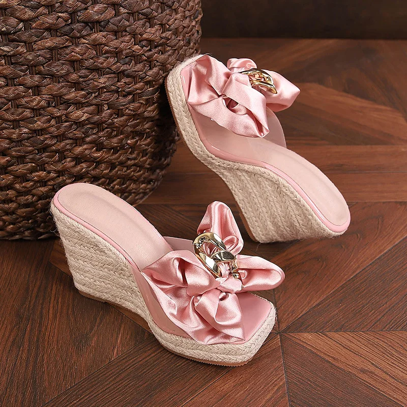 Wongn Wongn Style Summer Square Head Slope With Thick Bottom High Heel Slippers Female Bowknot Flower Glass Glue Sandals